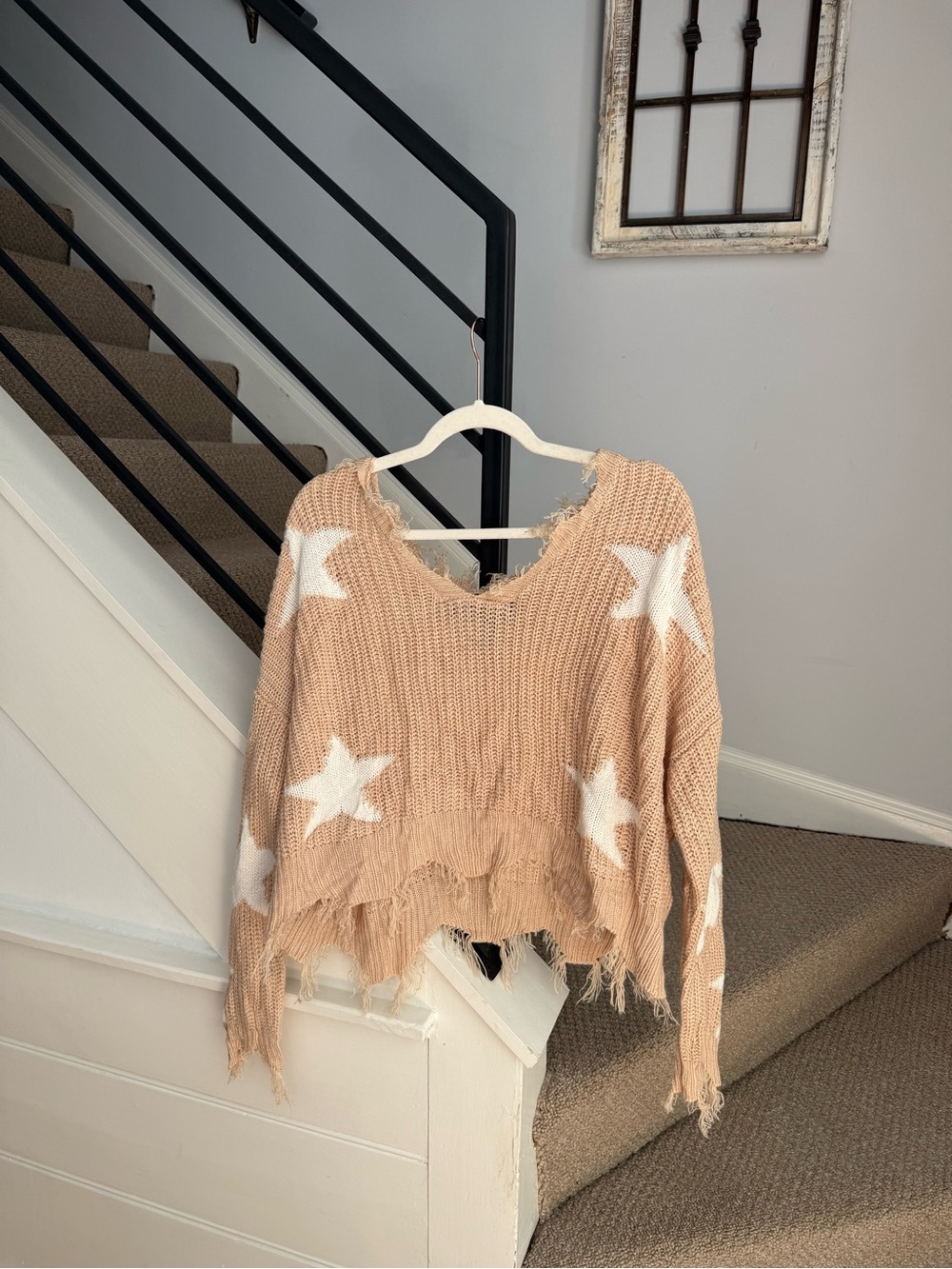 Distressed Star Knit Off-the-Shoulder Sweater - Beige